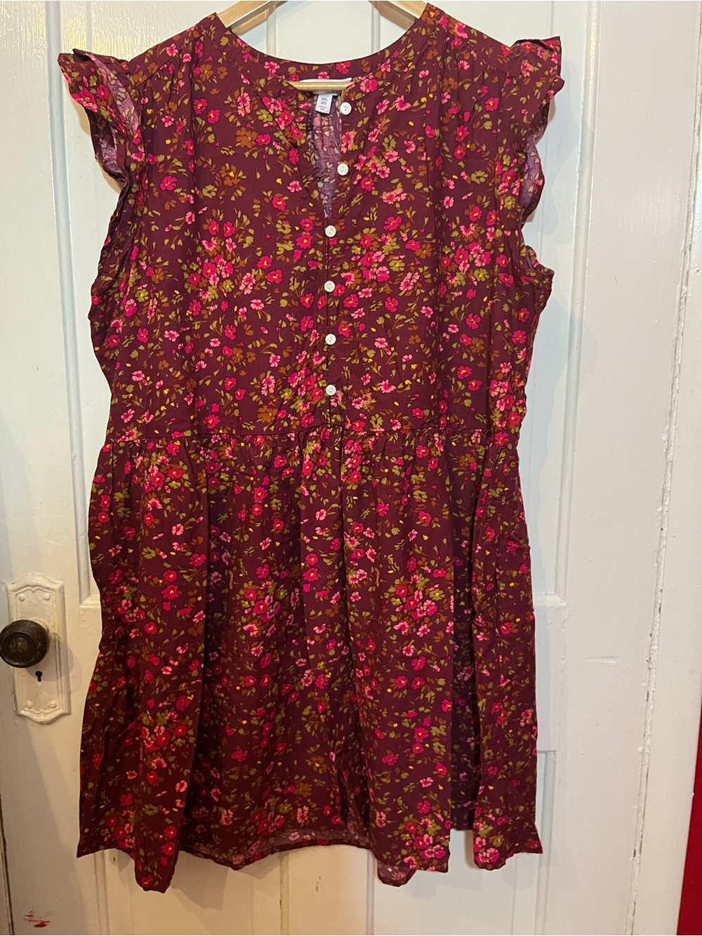Time and Tru Burgundy Floral Sleeveless Button-Front Mini Dress